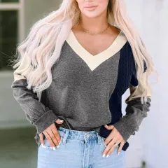 Black Brushed Contrast Knit V Neck Colourblock Long Sleeve Top - Black - View 1