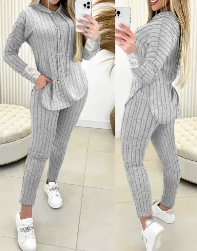 Comfort And Casual Top Long Coat Casual Suit 2 piece Set Grey - Shop at LoveMi