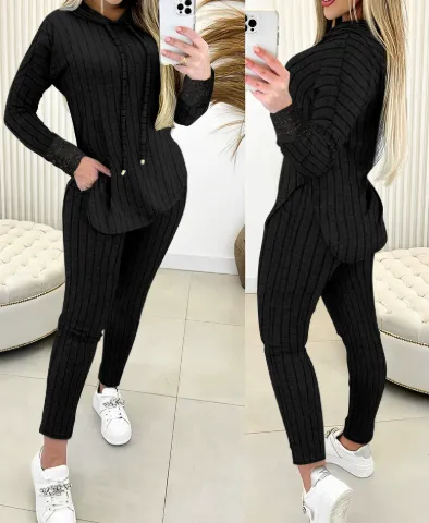 Comfort And Casual Top Long Coat Casual Suit 2-piece Set - Black