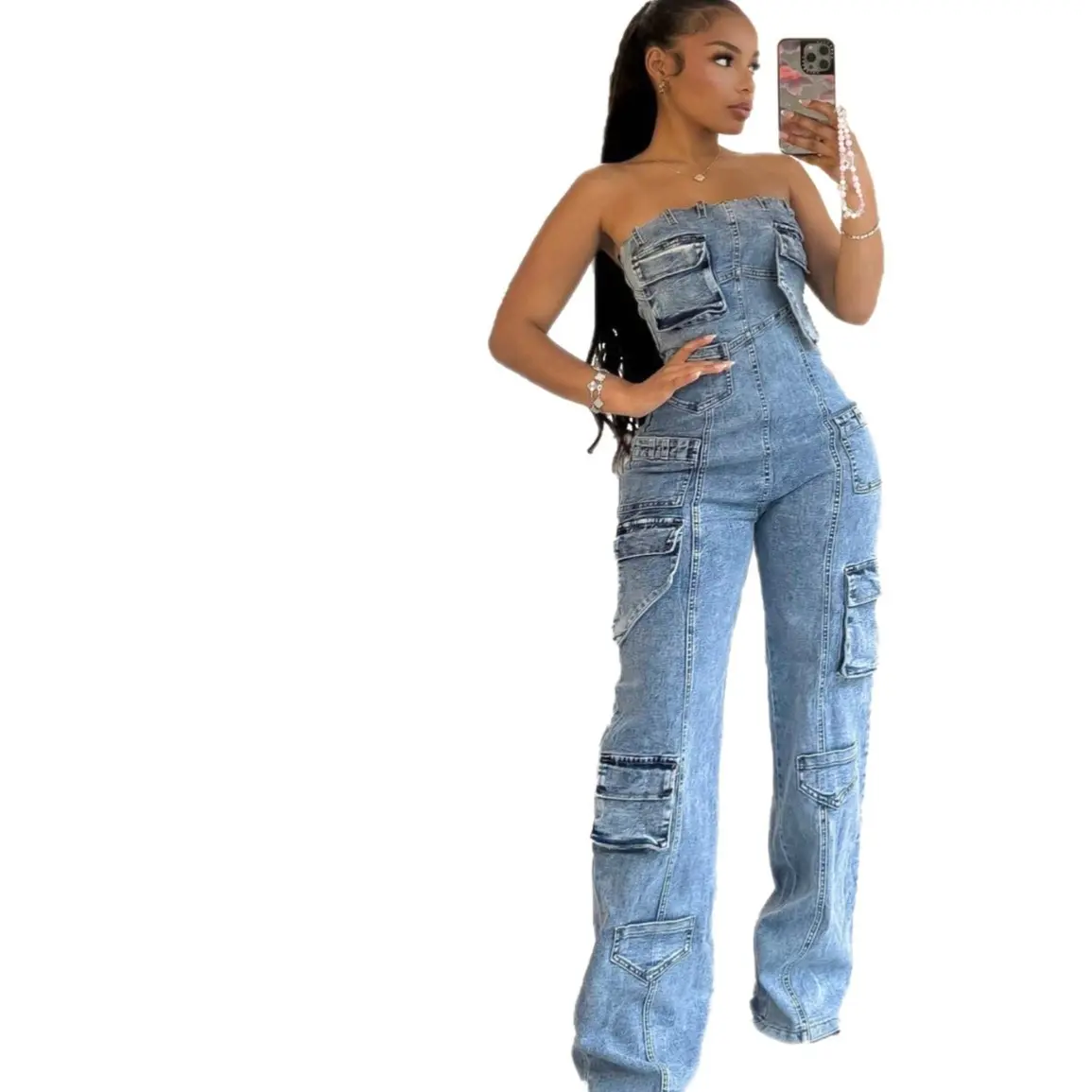 Stretch Overalls Casual Straight-leg Denim Trousers