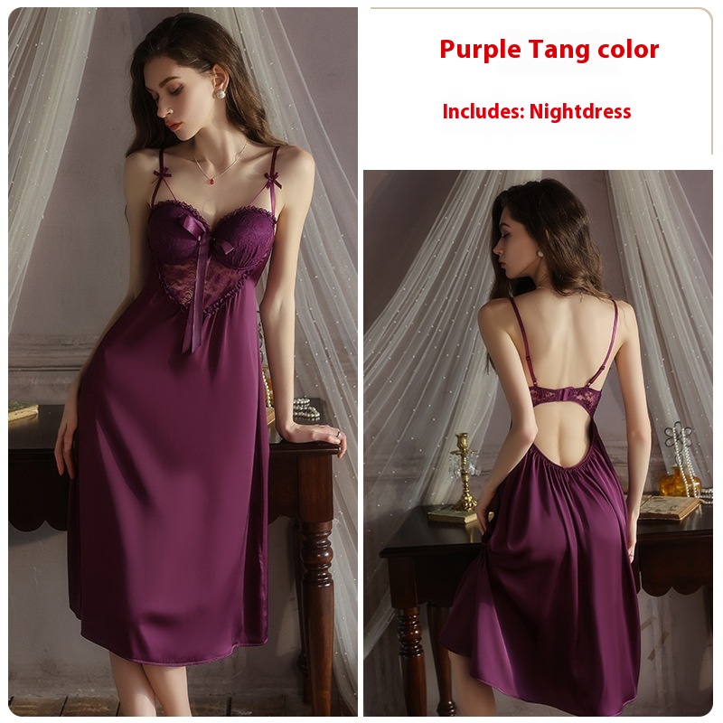 Sweet Pure Desire Ice Silk Deep V-neck Backless Nightdress Outerwear Gown Suit 5045