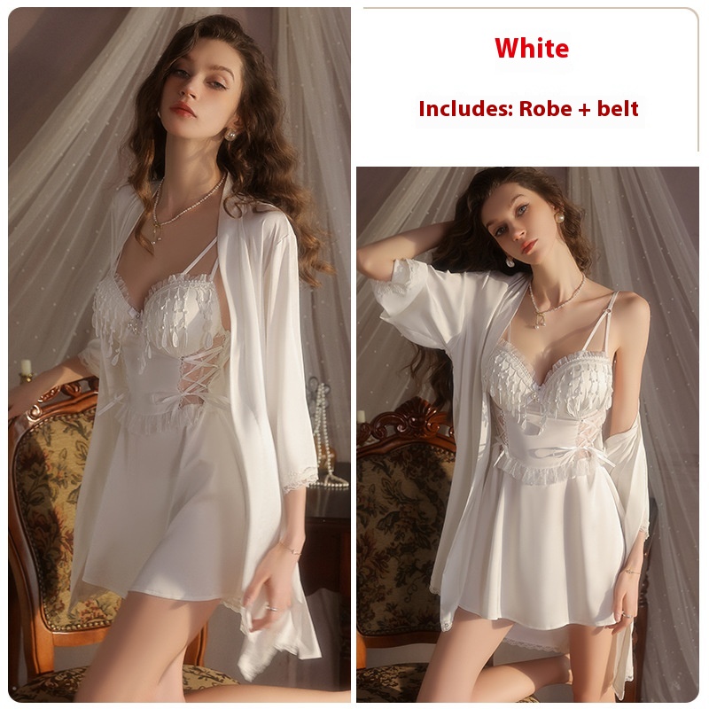 Deep V-neck Backless Sexy Chest Pad Nightdress Outerwear Gown Homewear Suit