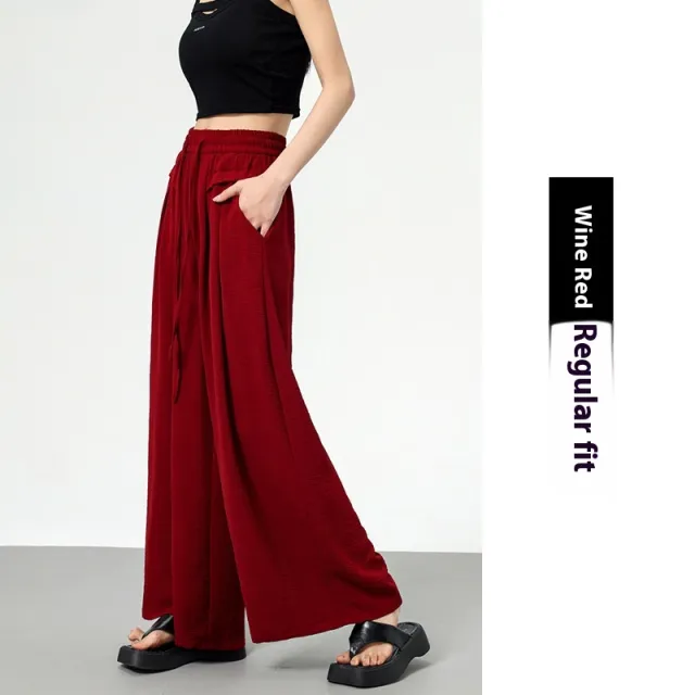 Texture Ice Silk Wide leg Pants Red - Shop at LoveMi