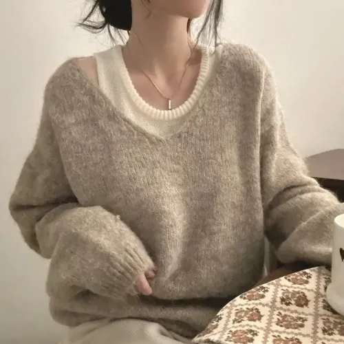 Inner Knitted Vest Loose fitting Long Sleeve Sweater Two piece Set Khaki - Shop at LoveMi