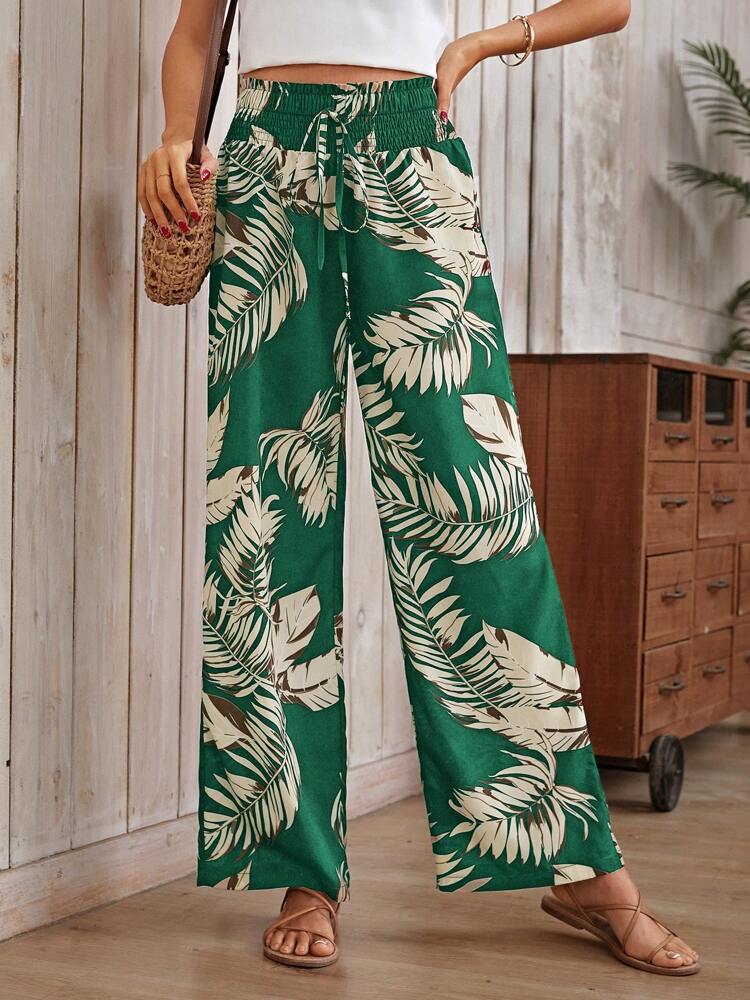 Leaf Print Drawstring High Waist Trousers