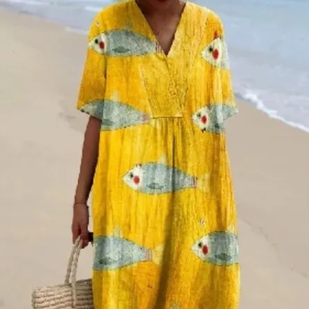 V neck Digital Printing Pleated Large Version Dress B22Qket3Uvfczt32 - Shop at LoveMi