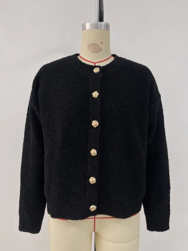 Round Neck Button Solid Color Sweater Knitwear Black - Shop at LoveMi