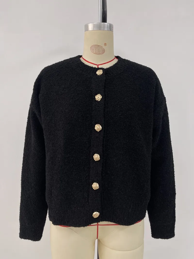 Round Neck Button Solid Color Sweater Knitwear - Black