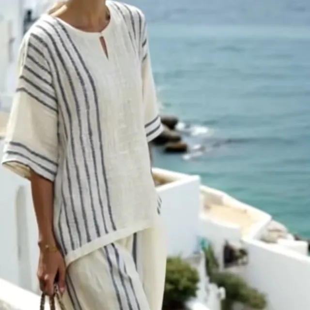 Round Neck Striped Short Sleeve Cotton And Linen Top Casual Pants Blue - Shop at LoveMi