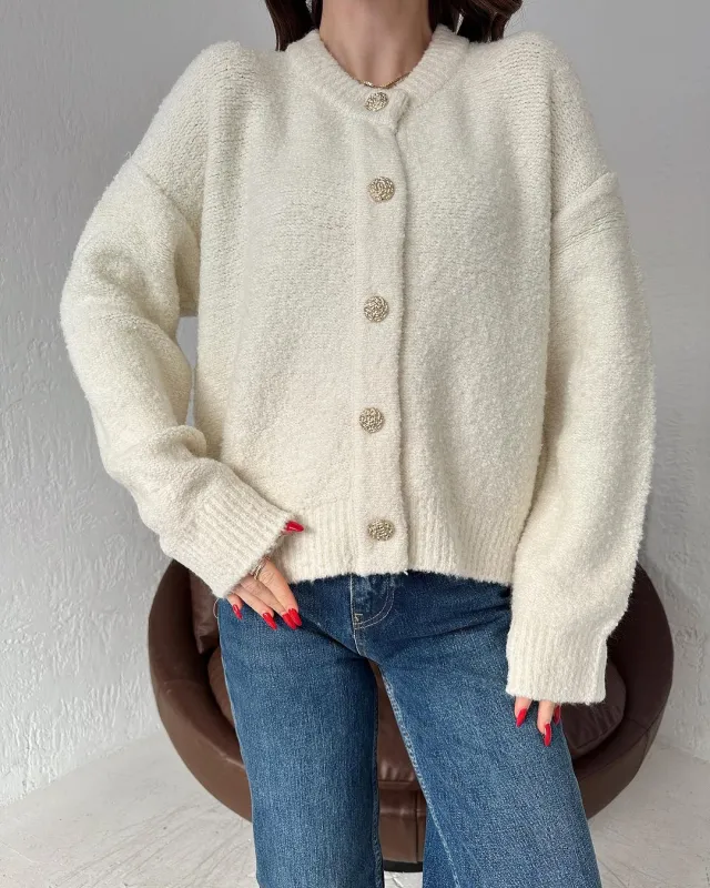 Round Neck Button Solid Color Sweater Knitwear White - Shop at LoveMi