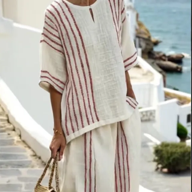 Round Neck Striped Short Sleeve Cotton And Linen Top Casual Pants Red - Shop at LoveMi