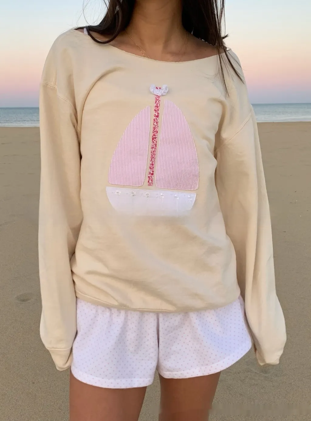 Women's Patch Off-shoulder Two-way Pullover Sweater - Apricot Yellow And Pink