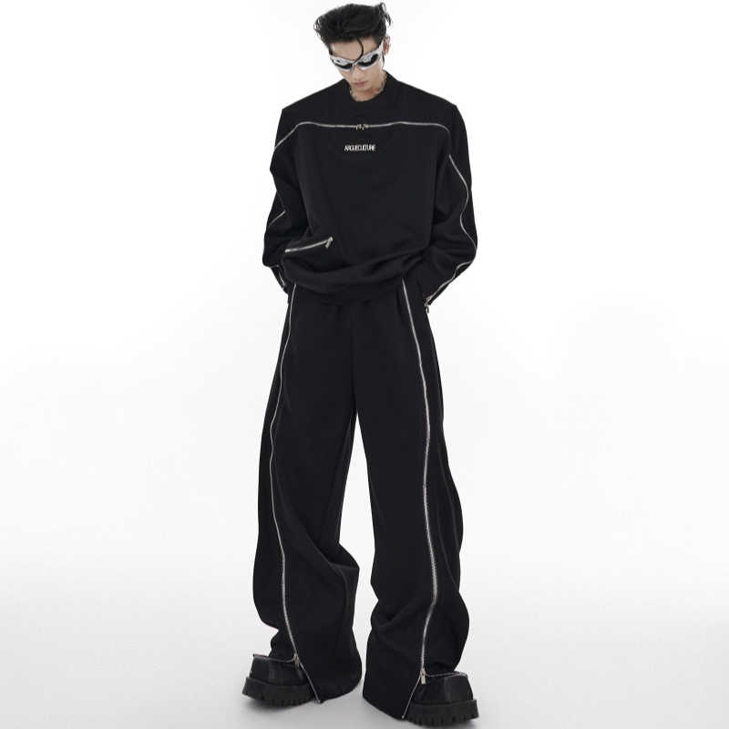 $65.34 Full-body Zipper Padded Shoulder Round Neck Sweater Heavy Industry Loose Sports Suit