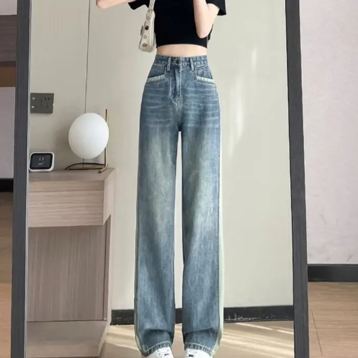Women's Straight Jeans Summer Retro Loose Small - Blue