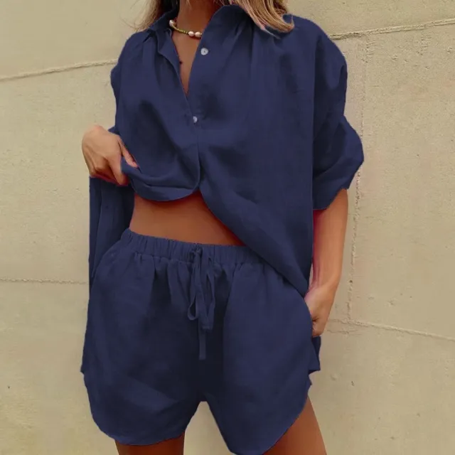 Two Piece Set Of Wide Leg Shorts With Tie Up Shorts Navy - Shop at LoveMi