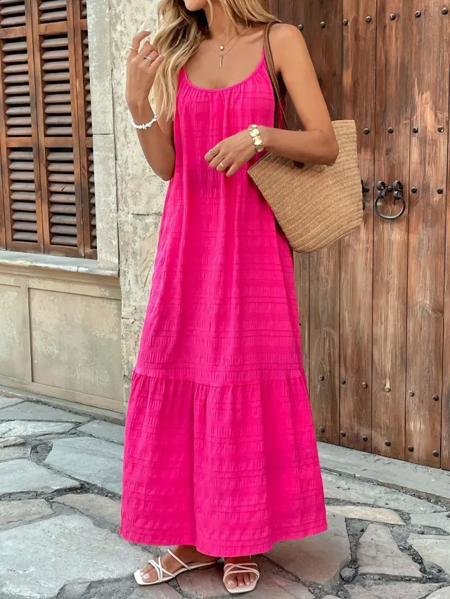 Drawstring Multi layer Ruffled Decorative Extra Long Sling Dress Rose Red - Shop at LoveMi