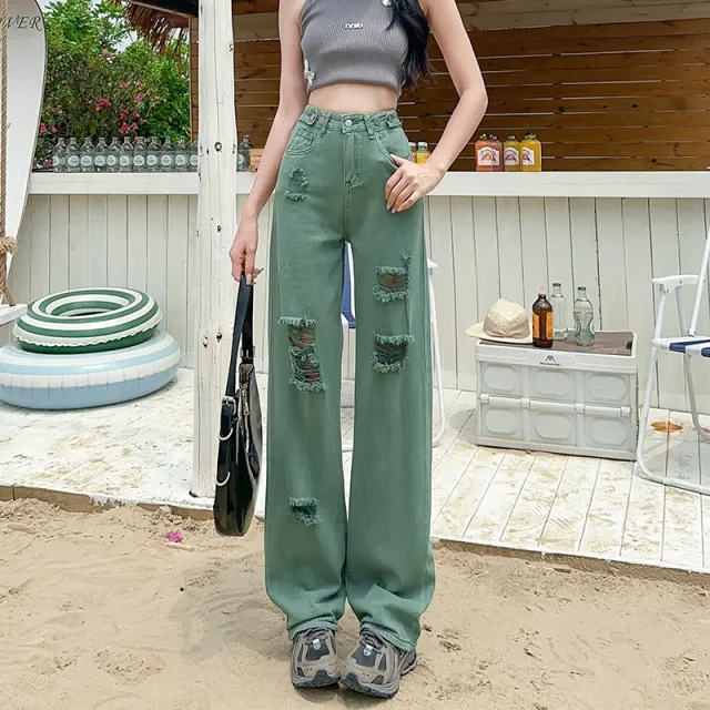 Adjustable Buckle High Waist Ripped Narrow Wide Leg Jeans Emerald Green Lengthened - Shop at LoveMi