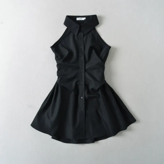 Summer New Pure Desire Style Slim Fit Slimming Waist Pleating Sleeveless Shirt Dress Polo Collar Dress Black - Shop at LoveMi