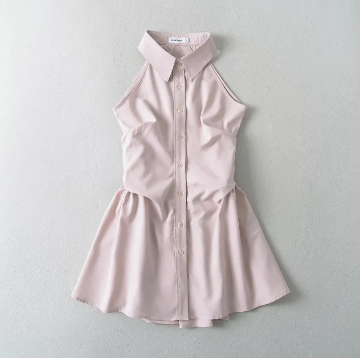 Summer New Pure Desire Style Slim Fit Slimming Waist Pleating Sleeveless Shirt Dress Polo Collar Dress - Pink