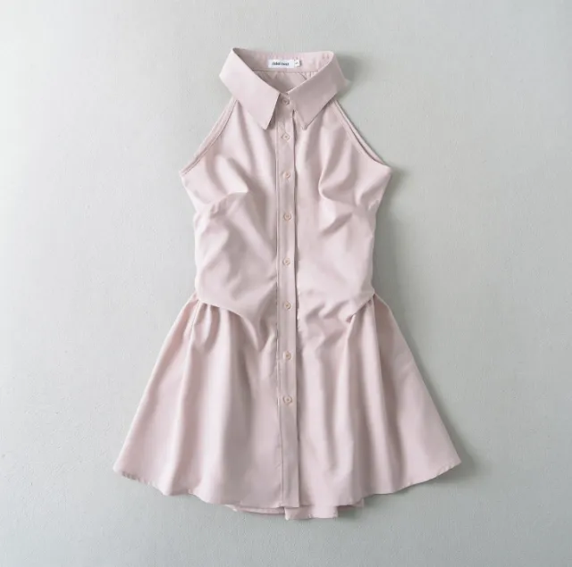 Summer New Pure Desire Style Slim Fit Slimming Waist Pleating Sleeveless Shirt Dress Polo Collar Dress Pink - Shop at LoveMi