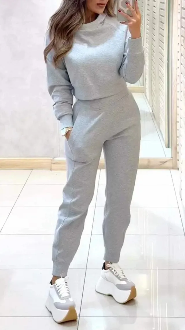 Stand Collar Sports Suit Fashion Pullover Long sleeves Short Top And Slim Trousers With Pockets Solid Outfits Women's Clothing Light Grey - Shop at LoveMi