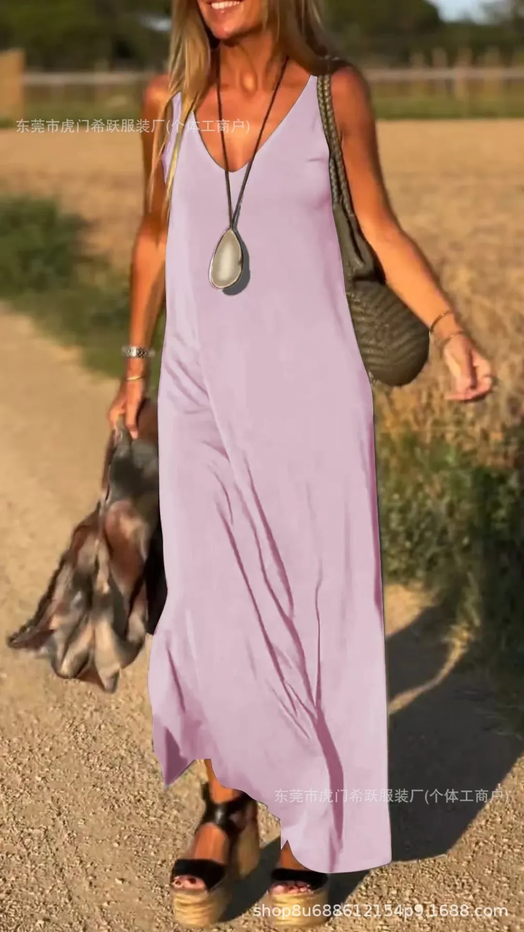 Female Sexy Trend V-neck Strap Dress - Pink
