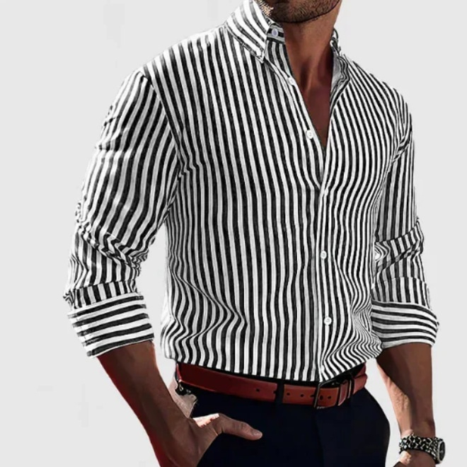 Ins Stripe Printed Long Sleeve Shirt Men Fashion Casual Lapel Button Top Clothin - Picture 12 of 13