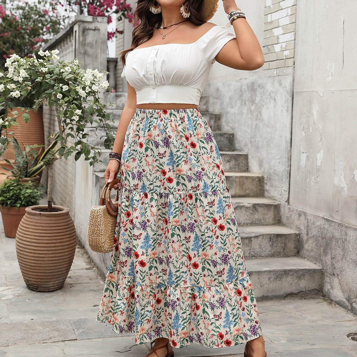 Plus Size Floral Maxi Boho Skirt