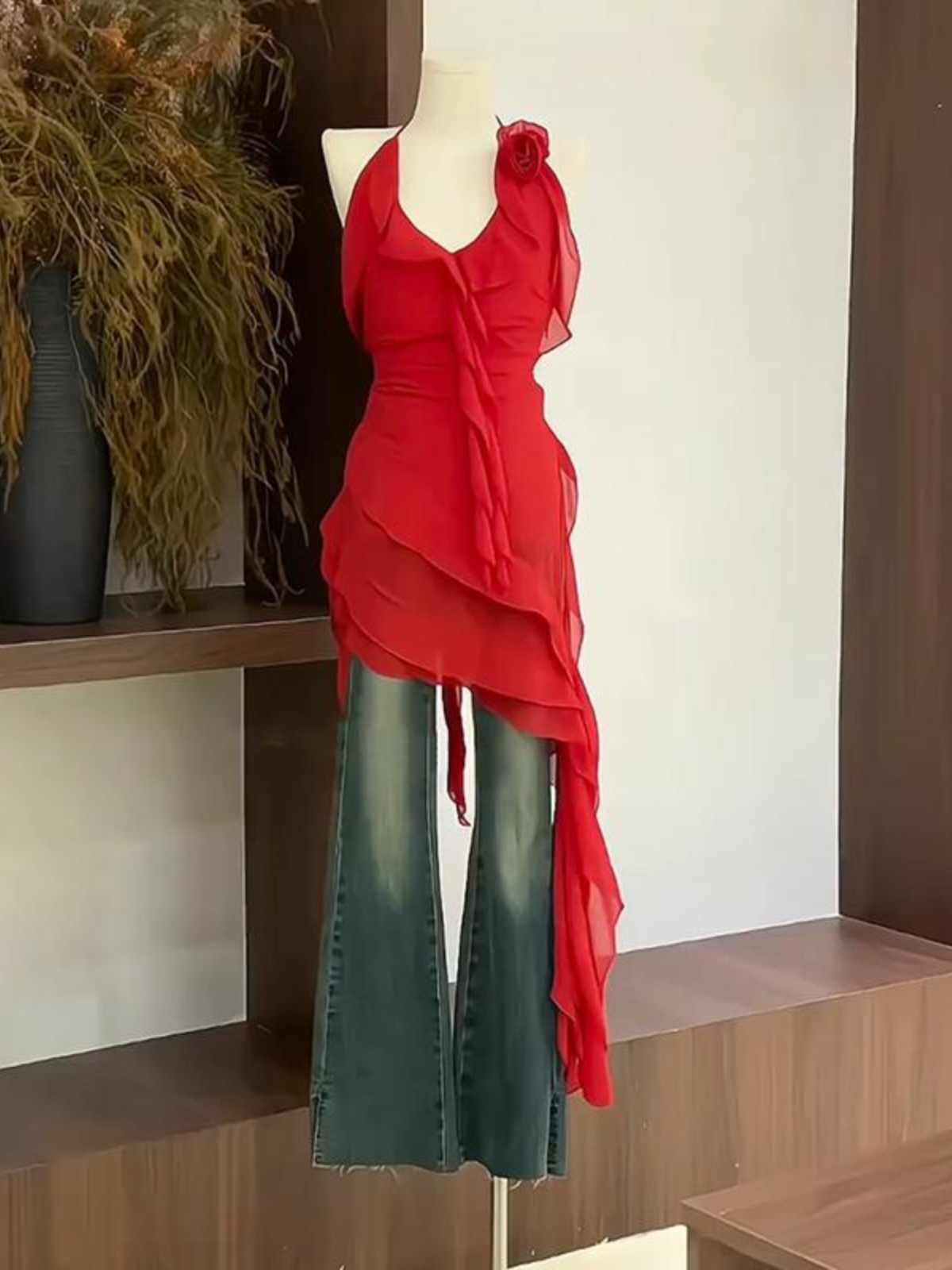Red Halter Irregular Cinched Long Dress
