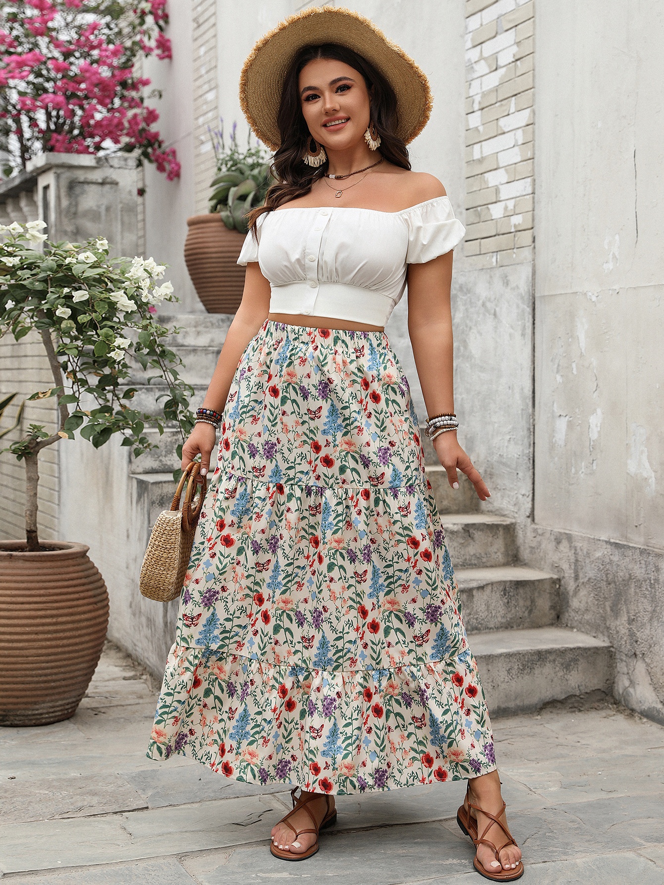 Plus Size Floral Maxi Boho Skirt