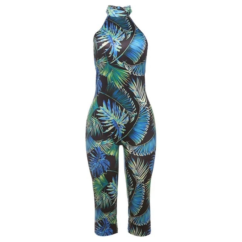 Summer New Personalised Leopard Print Sleeveless Halter Lace-up Tight Jumpsuit - Green
