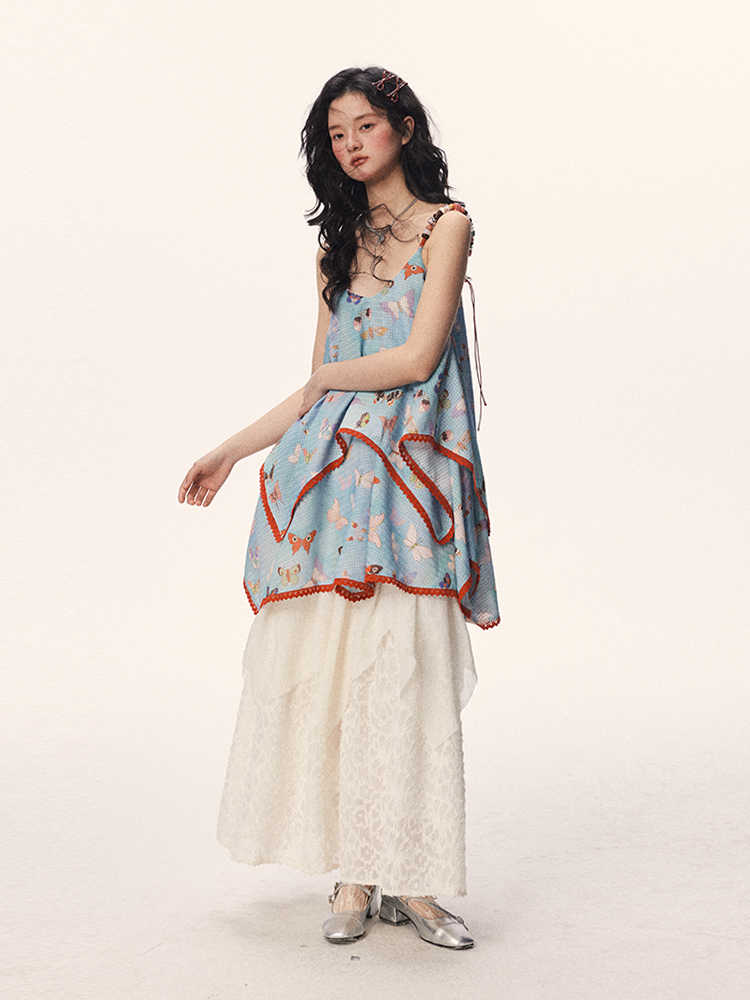 Butterfly Beaded Cute Girly Style Sling Short Dress