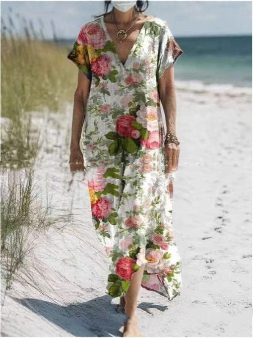Printed Short Sleeve V-neck Loose Long Dress
