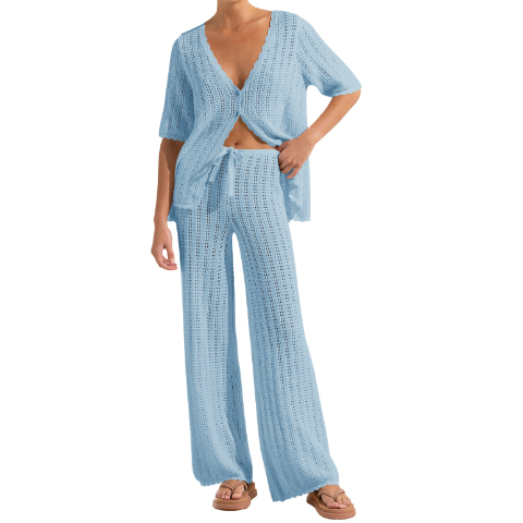 European And American V-neck Short-sleeved Knitted Sexy Cutout High Waist Trousers Commuter Sweater Suit