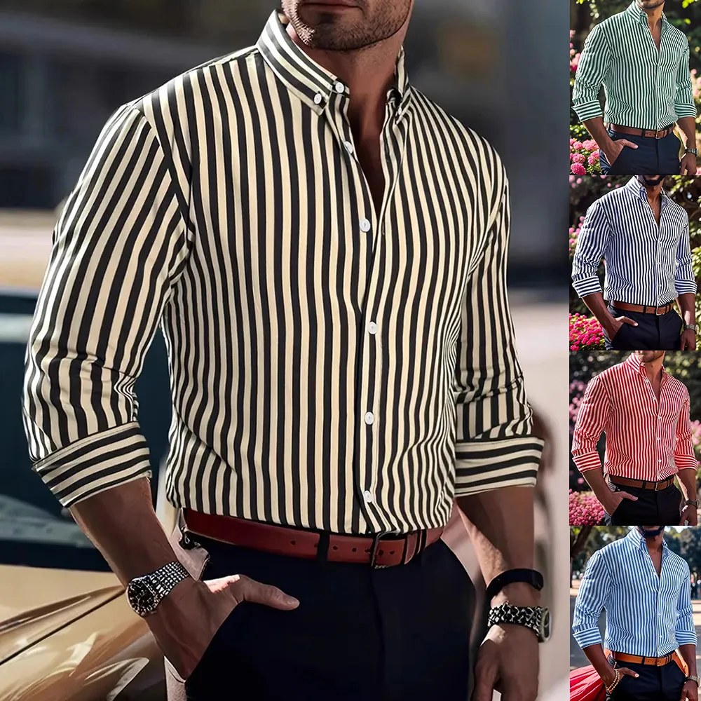 Stripe Printed Long Sleeve Shirt Men Fashion Casual Lapel
