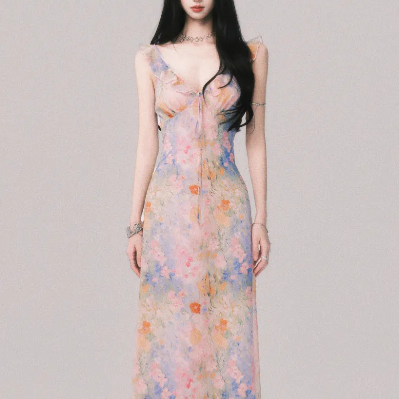 French Style V-neck Floral Strap Dress Seaside Vacation Style Long Dress - Pink