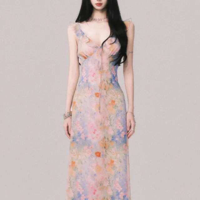 French Style V neck Floral Strap Dress Seaside Vacation Style Long Dress Pink - Shop at LoveMi