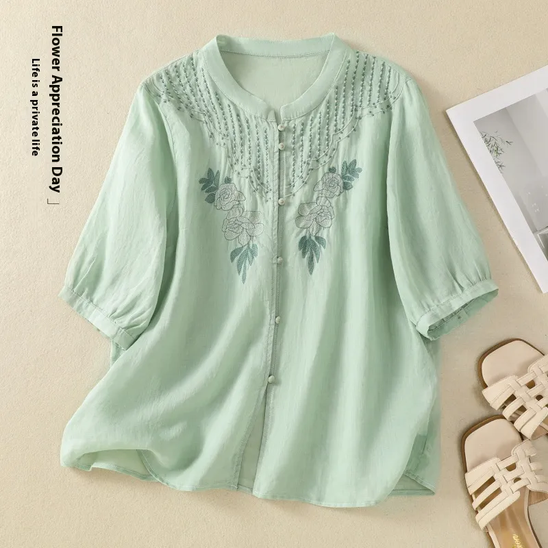 Artistic Retro Embroidery Five-quarter Sleeve Stand Collar Shirt For Women - Light Green - View 1