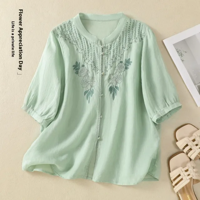 Artistic Retro Embroidery Five quarter Sleeve Stand Collar Shirt For Women Light Green - Shop at LoveMi