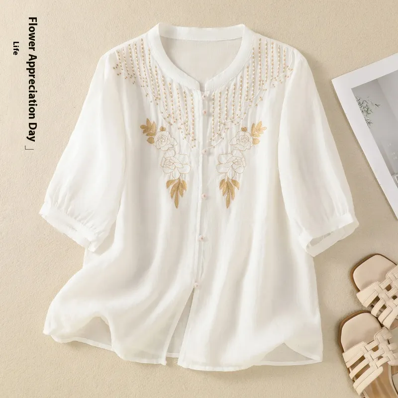 Artistic Retro Embroidery Five-quarter Sleeve Stand Collar Shirt For Women - White