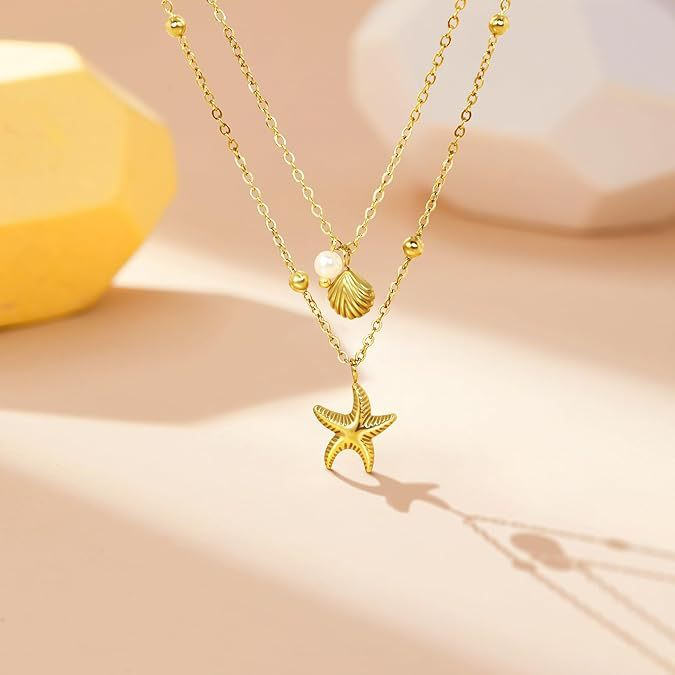 Summer Vacation Style Stainless Steel Shell Starfish Necklace