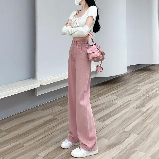 Dirty Pink Wide Leg Denim Women's High Waist Slimming Loose Straight Mop Pants Dirty Pink - Shop at LoveMi