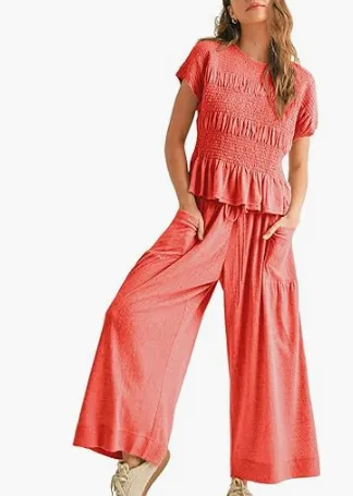 Women's 2 piece Pleated Top And Wide Leg Pants Orange - Shop at LoveMi