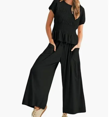 Women's 2 piece Pleated Top And Wide Leg Pants Black - Shop at LoveMi