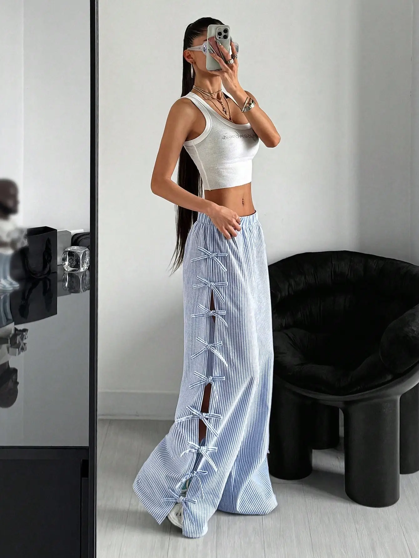 Waist Side Tie Bow Striped Wide Leg Pants