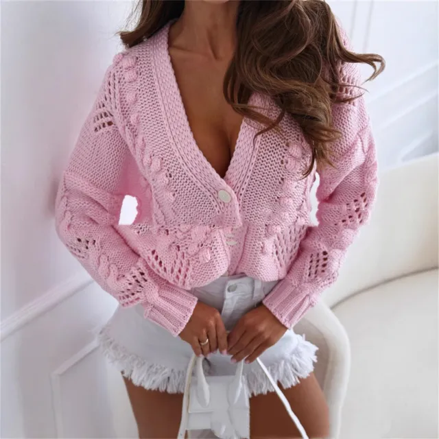 Long Sleeve Button Loose Hollow Women's Sweater Pink - Shop at LoveMi