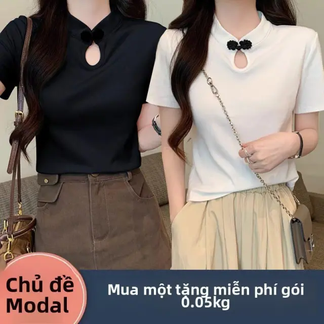 New Frog Button Short Sleeve T shirt Summer New National Style White Black - Shop at LoveMi