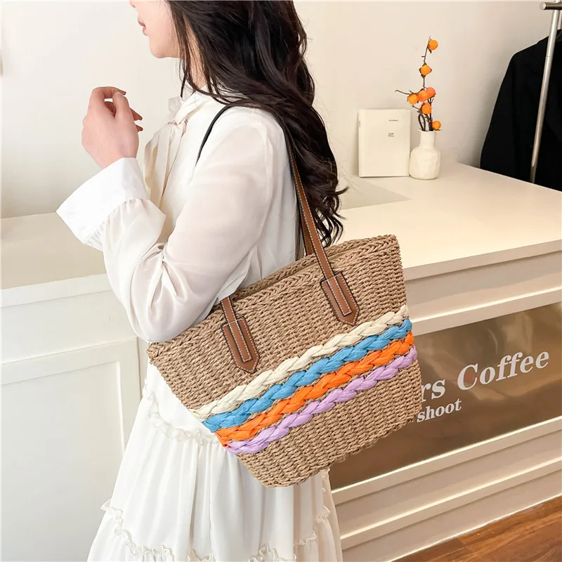 Woven Vegetable Basket Tote Large Capacity Straw Bag - Khaki