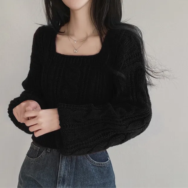 Cable knit Sweater Lantern Sleeve Solid Color Square Collar Pullover Sweater Black - Shop at LoveMi