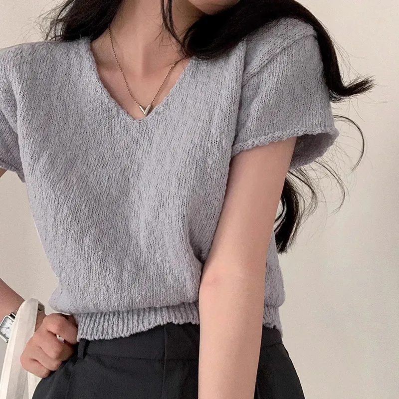 Female Solid Color Thin Sweater Short Pullover Top - Blue